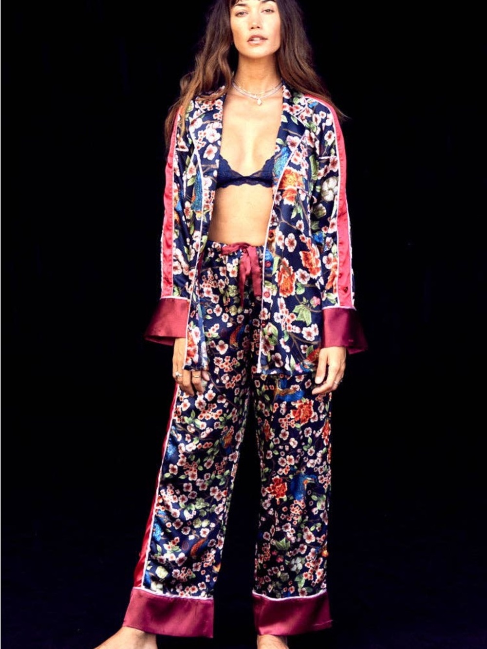 Free People x We are Hah Floral Navy and Pink Pajama Set